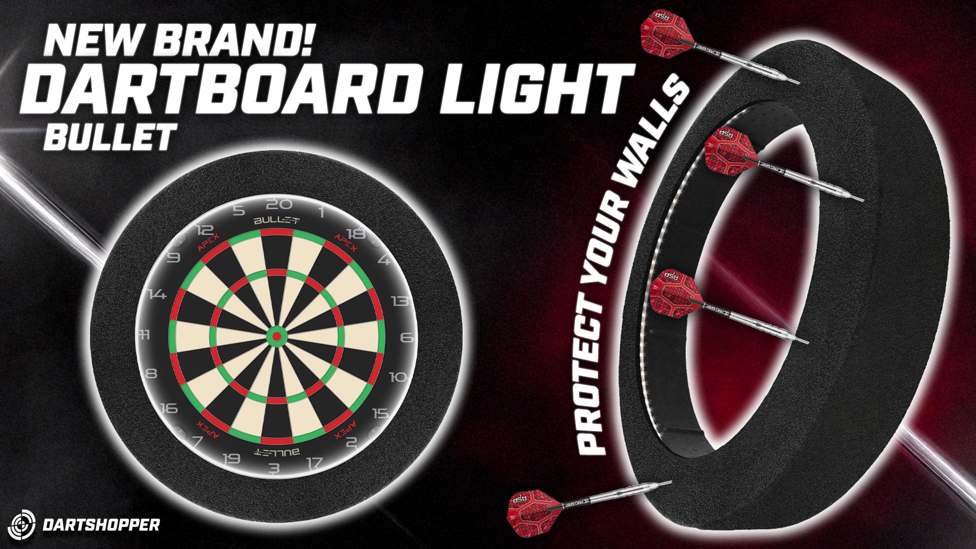 Bullet Ignite Dartboard Lighting. With Dartboard and steel tip darts.