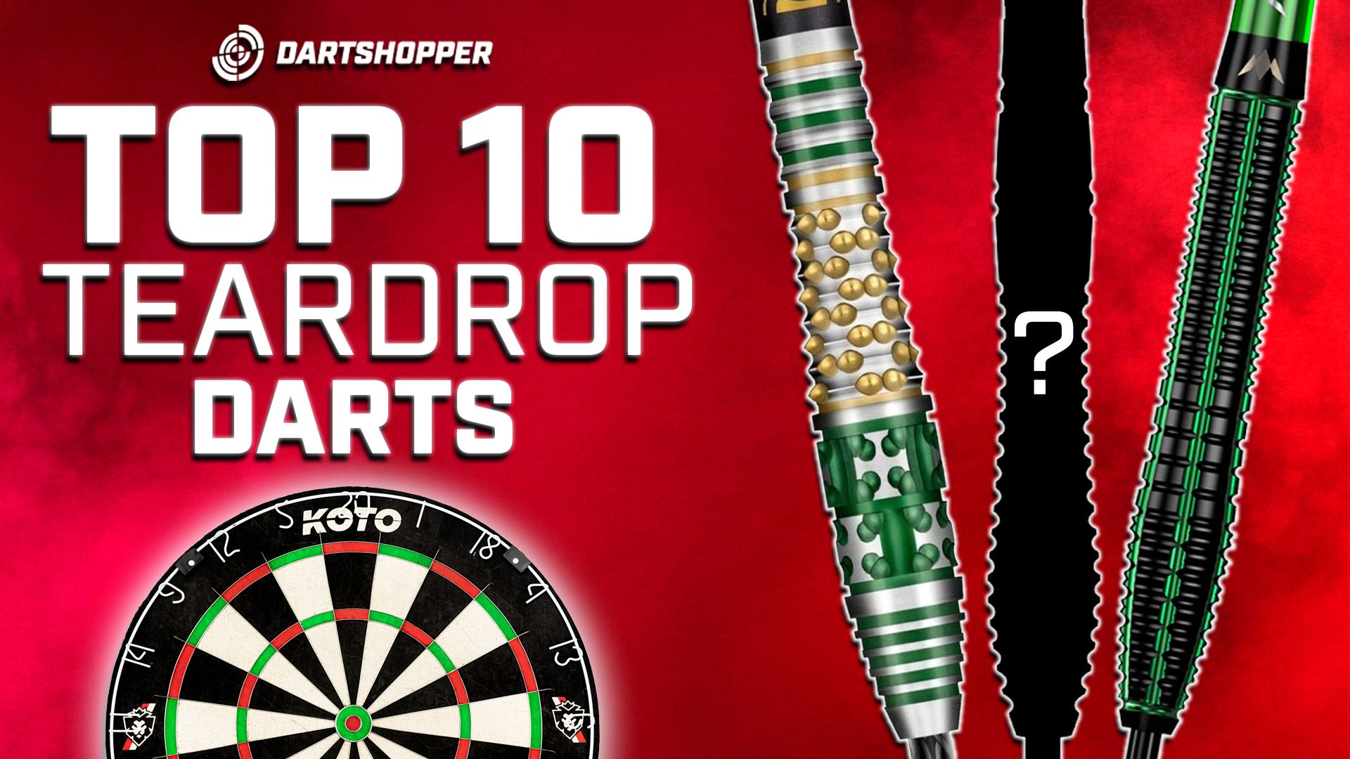 Red background with "Top 10 Teardrop Darts" text, three darts, and a dartboard. One dart is silhouetted with a question mark.