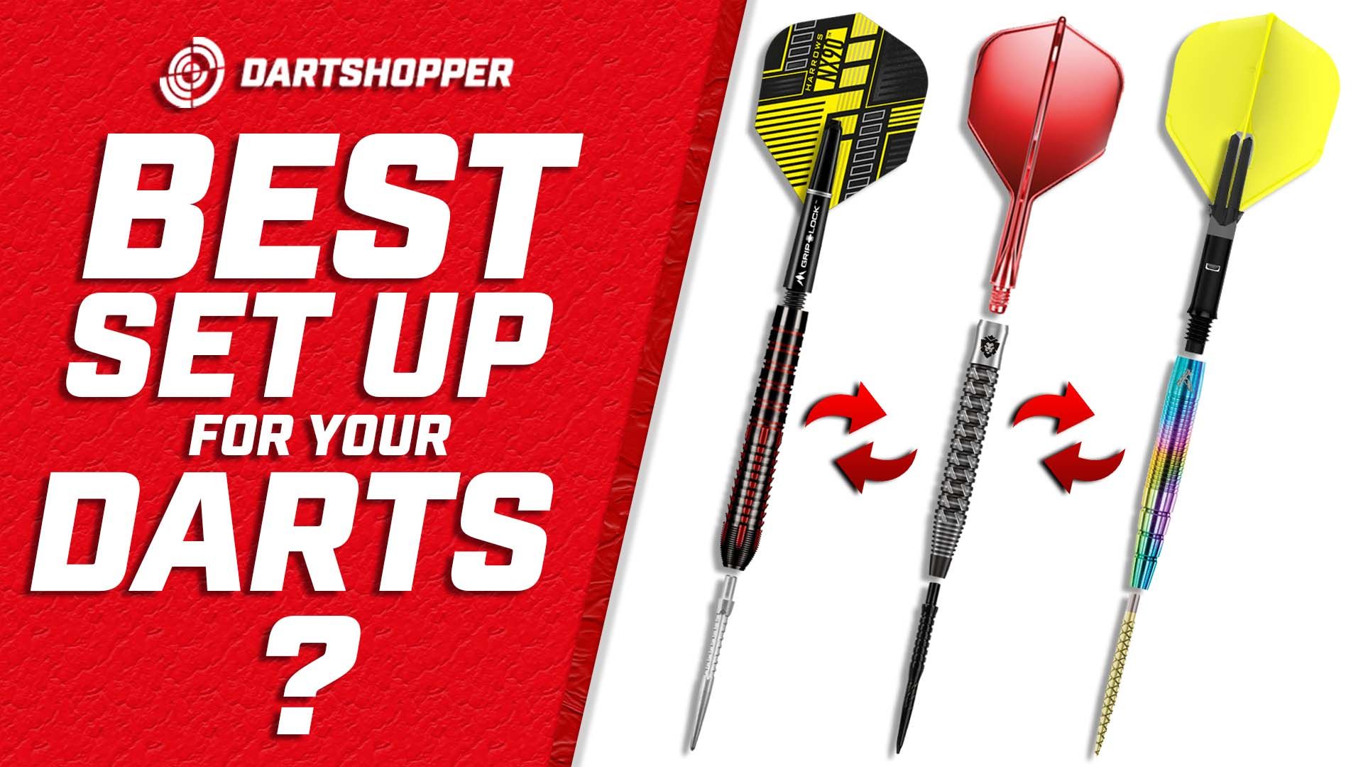 Three darts with different flights and shafts on a red textured background, labeled "Best Set Up for Your Darts?" with arrows indicating choices.