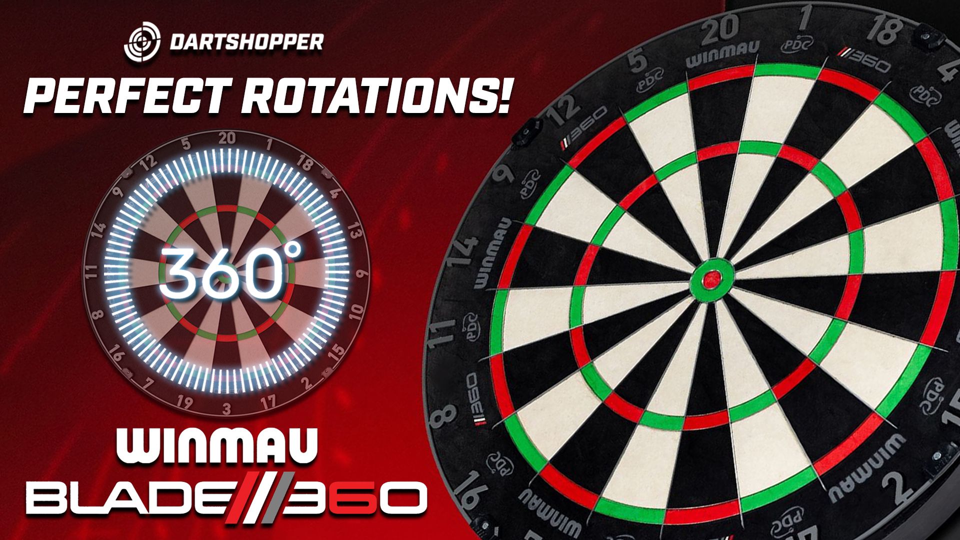 A dartboard with a rotating feature, labeled "Winmau Blade 360," and text reading "Perfect Rotations!" on a red background.