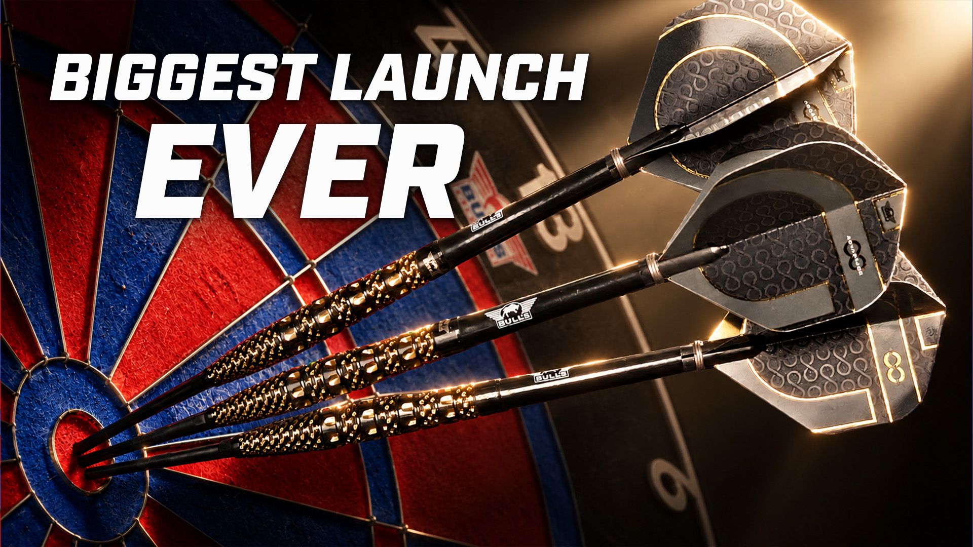 Three darts striking the bullseye on a dartboard with the text "Biggest Launch Ever" displayed above.