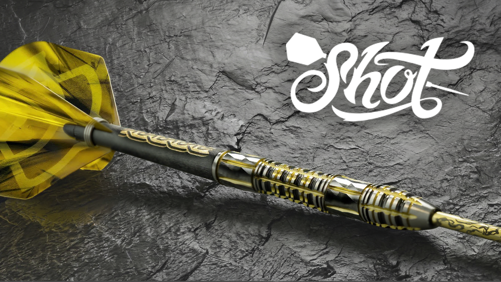 Shot dart with intricate yellow and black design on a textured dark surface, with stylized "Shot" text in white.