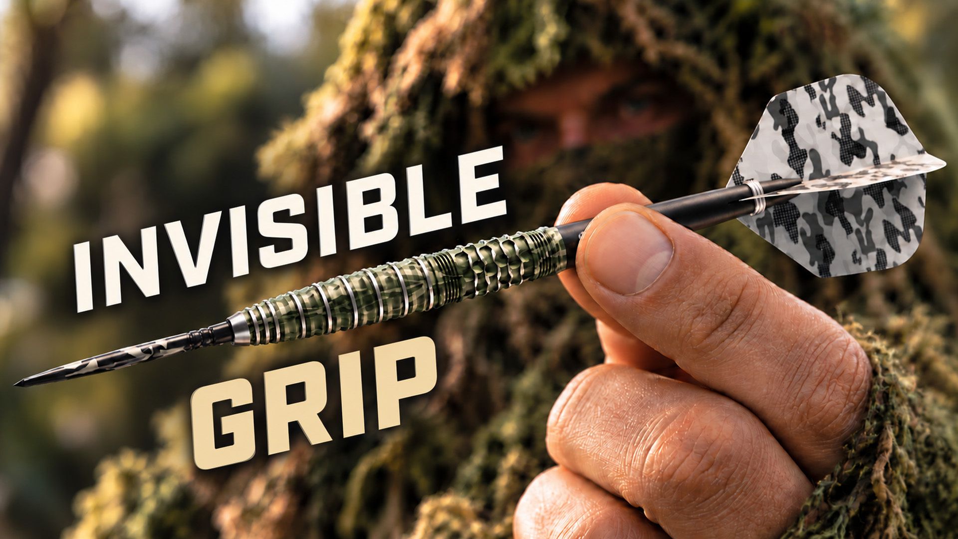 A person in camouflage holds a dart with a patterned grip, alongside the text "INVISIBLE GRIP" against a blurred forest background.