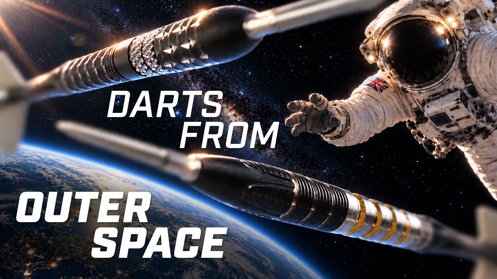 Astronaut in space reaching towards oversized darts with text "Darts from Outer Space," Earth and Milky Way visible in the background.