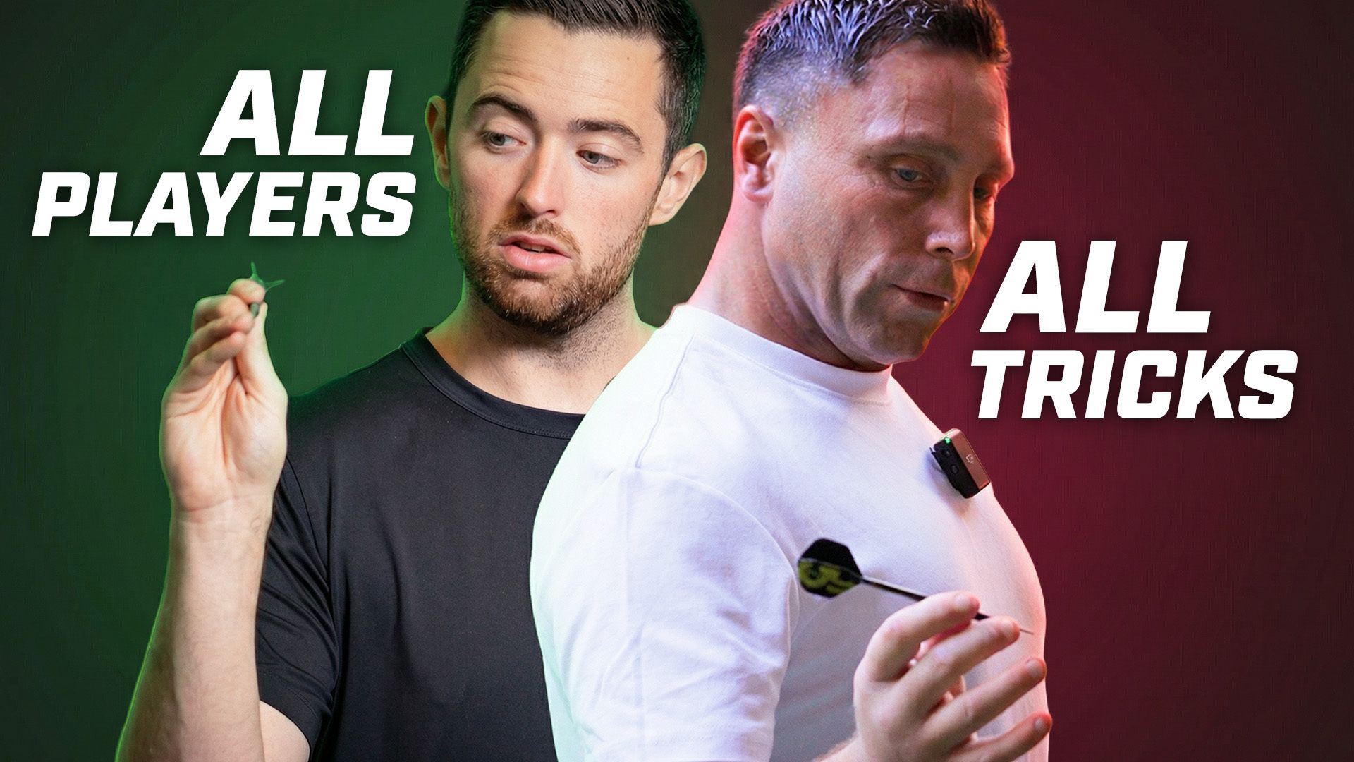 Two men playing darts with captions "All Players" and "All Tricks" against a green and red gradient background.