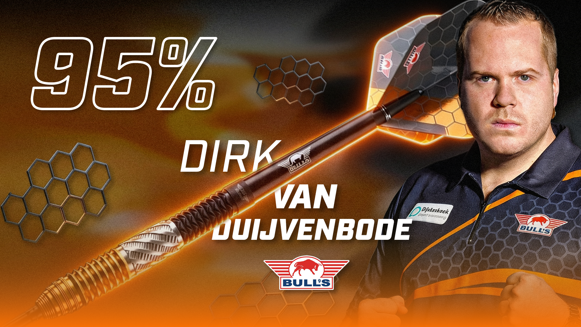 A dart promotional image featuring a 95% tungsten dart and dirk van duijvenbode in a Bulls shirt, with text reading "Dirk Van Duijvenbode."