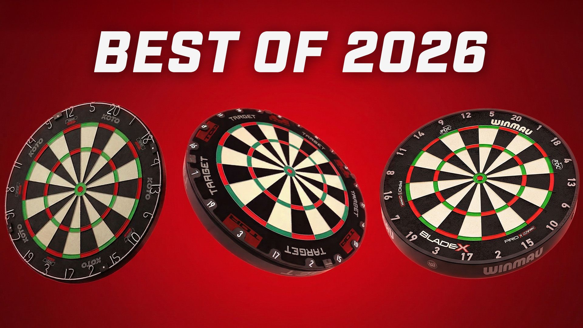 Three dartboards on a red background with "Best of 2026" text above. Each board features distinct designs and styles.