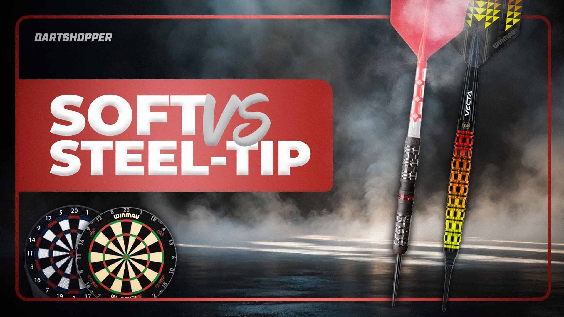 Dartboard comparison image showing two dartboards and darts with "Soft vs Steel-Tip" text on a misty background.