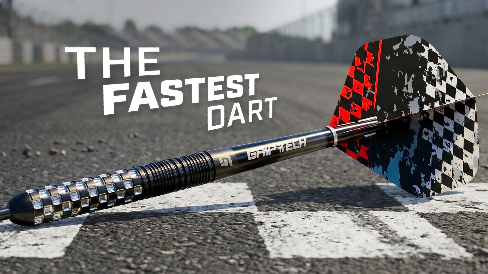 Close-up of a dart with a metallic, textured barrel and colorful flights, placed on a racetrack. Text reads "The Fastest Dart."