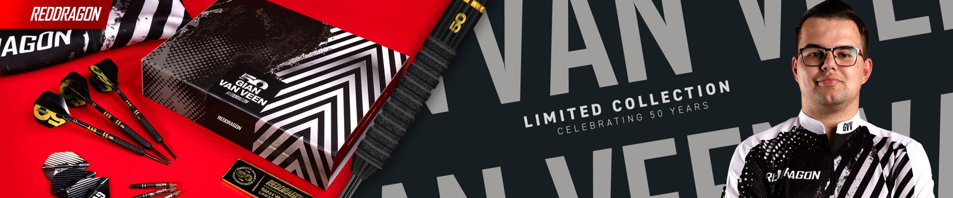 Red Dragon Van Veen limited collection featuring darts and packaging, with a person in a branded shirt on the right.