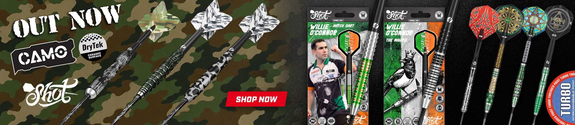 Camouflage-themed darts and packaging displayed on a camo background, with a "Shop Now" button in the center.