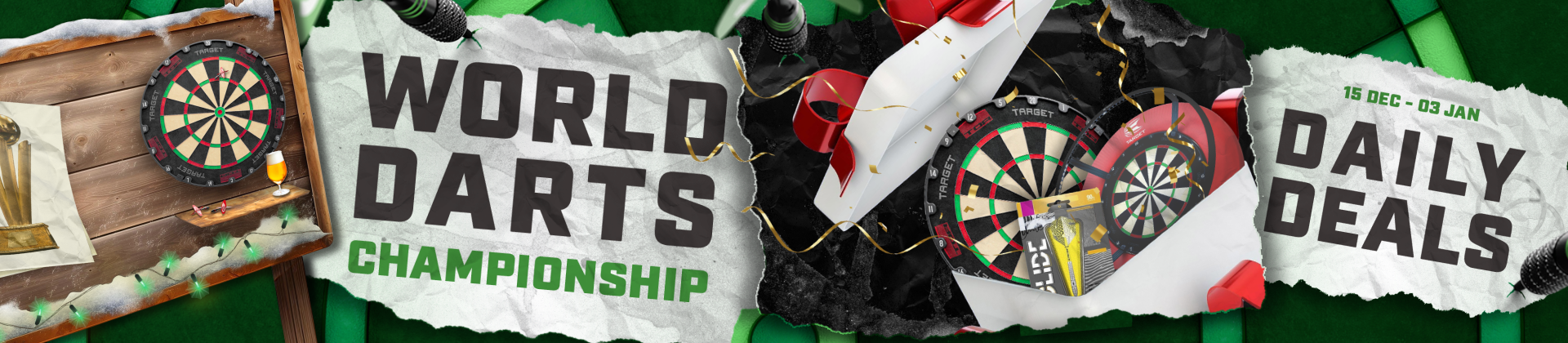 Promotional banner reading "World Darts Championship" with multiple dartboards, darts, a trophy, beer glass and torn-paper "Daily Deals" text.