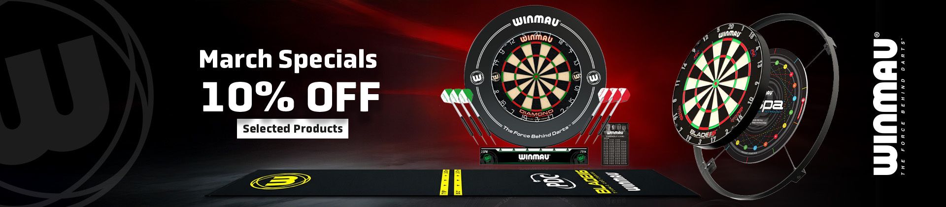 Promotional banner featuring Winmau dartboards and accessories with "March Specials 10% Off Selected Products" text on a dark background.