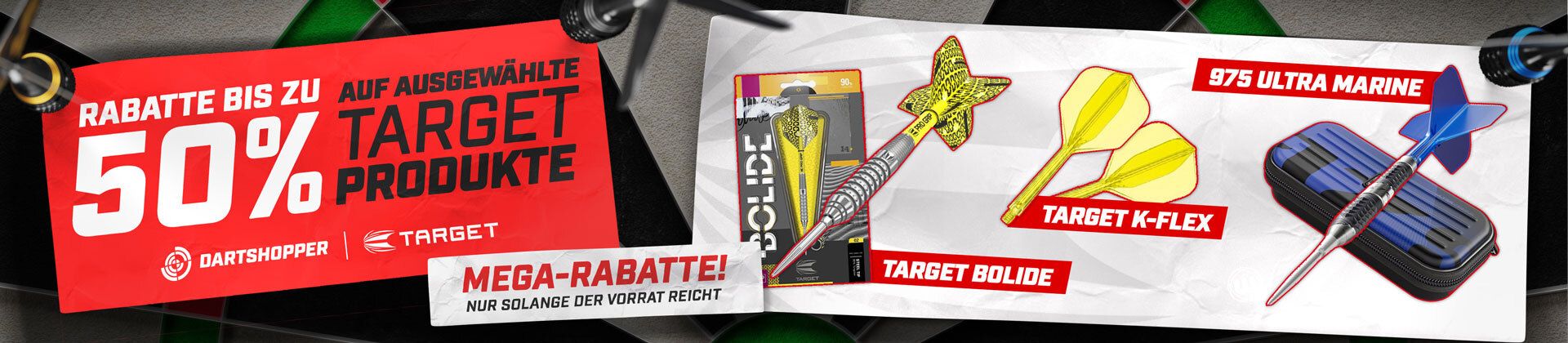 Red banner promoting up to 50% off selected Target dart products, featuring Target Bolide, Target K-Flex, and 975 Ultra Marine darts.