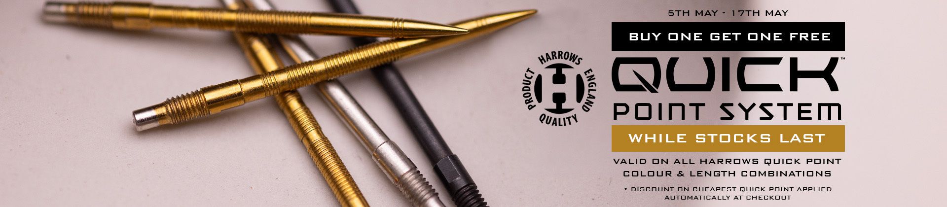 Promotional image for Harrows Quick Point System with darts and "Buy One Get One Free" offer from 5th to 17th May.