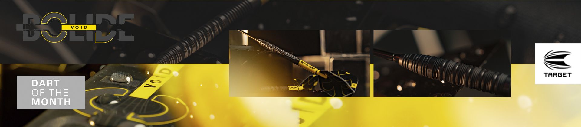 Target Bolide Void darts labeled "VOID," with "Dart of the Month" in text, and the Target logo. Dark, moody lighting.