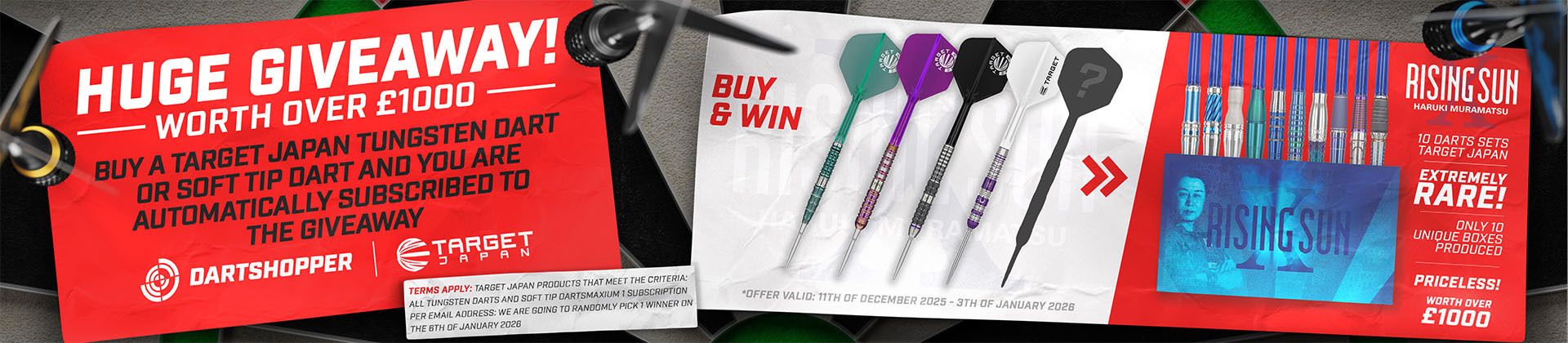 Promotional banner showing five colorful darts, a Rising Sun dart set image and red panels reading "HUGE GIVEAWAY! Worth over £1000."