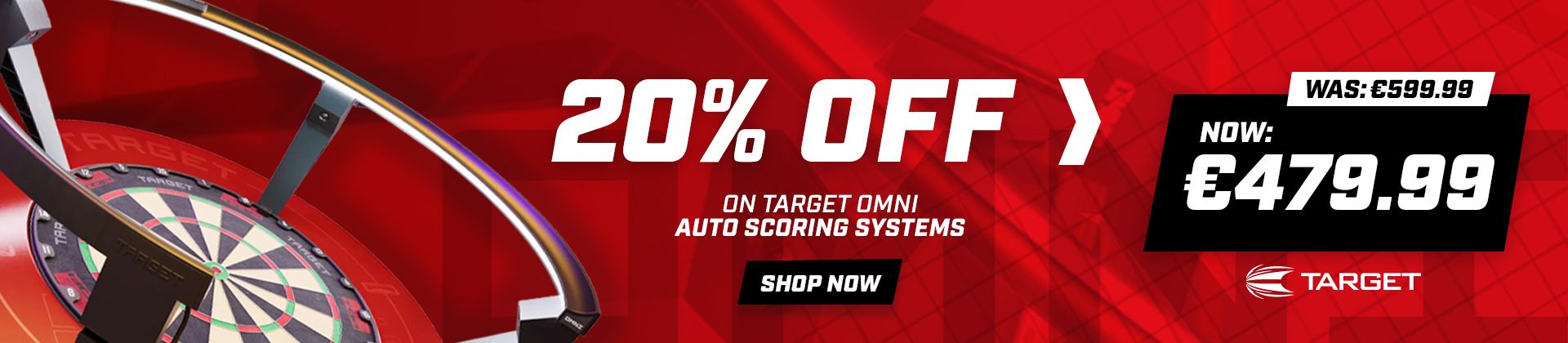 Advertisement for Target Omni Auto Scoring Systems. Offers 20% off. Red background with dartboard image.