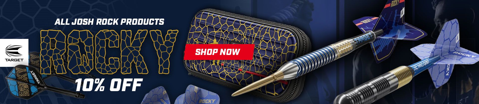 Promo for Josh Rock products by Target Darts. Features darts, a case, and 10% off offer with "Shop Now" button.