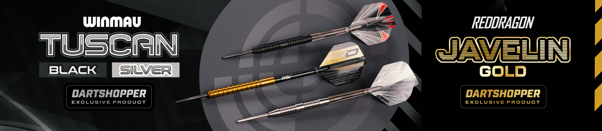 Three darts are displayed with branding text: Winmau Tuscan Black Silver and RedDragon Javelin Gold, labeled as Dartshopper exclusive products.
