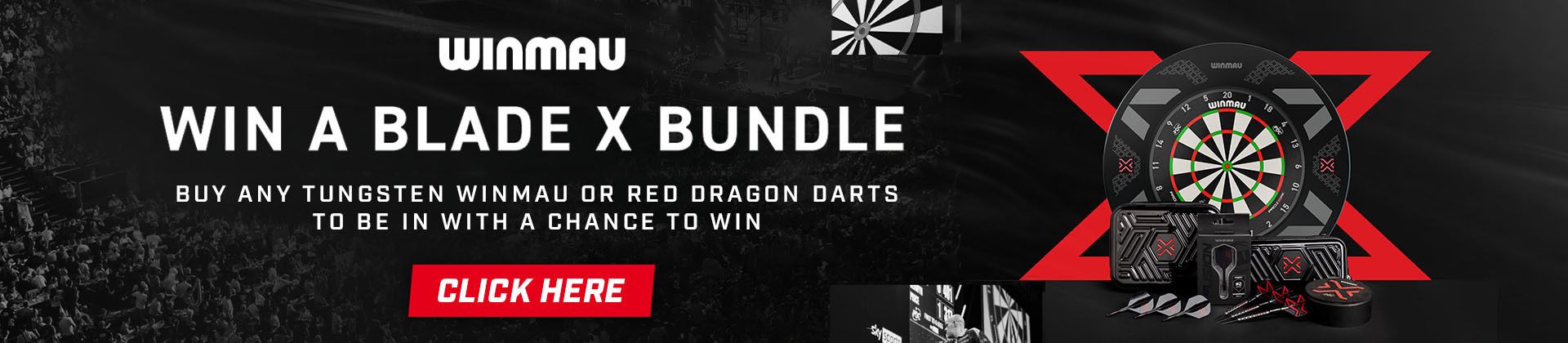 Winmau contest banner: "Win a Blade X Bundle" with images of darts and a dartboard. Instructions to buy specific brands to enter.