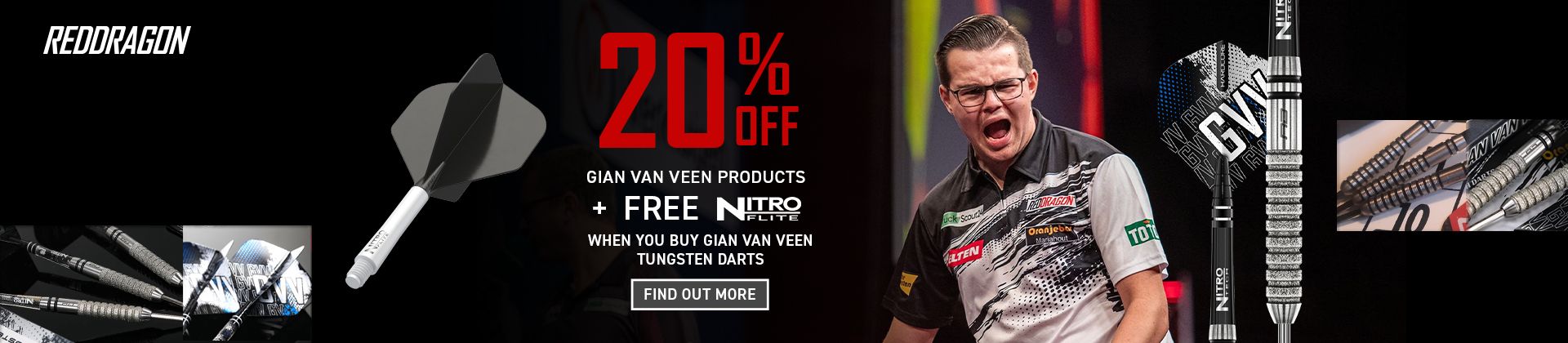 Advertisement for Red Dragon Gian van Veen darts featuring a 20% discount on Gian van Veen products with a purchase of Nitro Elite tungsten darts.