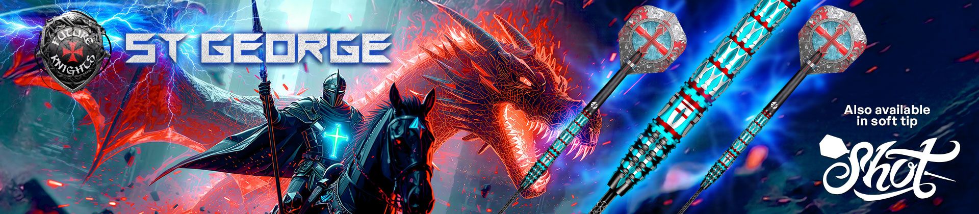 Armored St. George knight on black horse battling a glowing red dragon amid lightning, with turquoise branded darts and logos on the right.