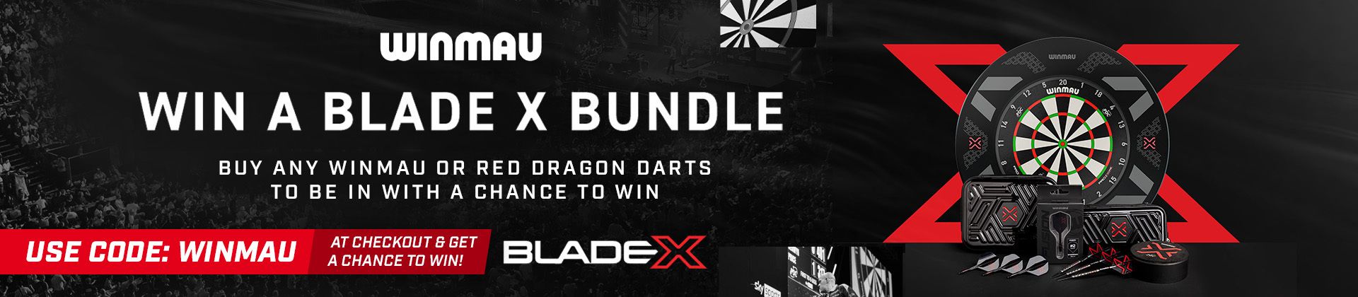 Winmau competition banner: "Win a Blade X Bundle by purchasing Winmau or Red Dragon darts." Use code "WINMAU" at checkout.