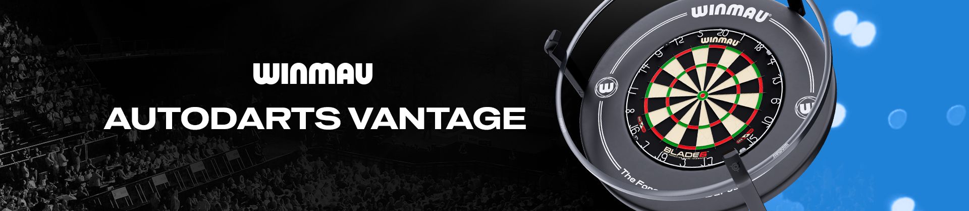 Winmau Autodarts Vantage product image with a dartboard, set against a split black and blue background.