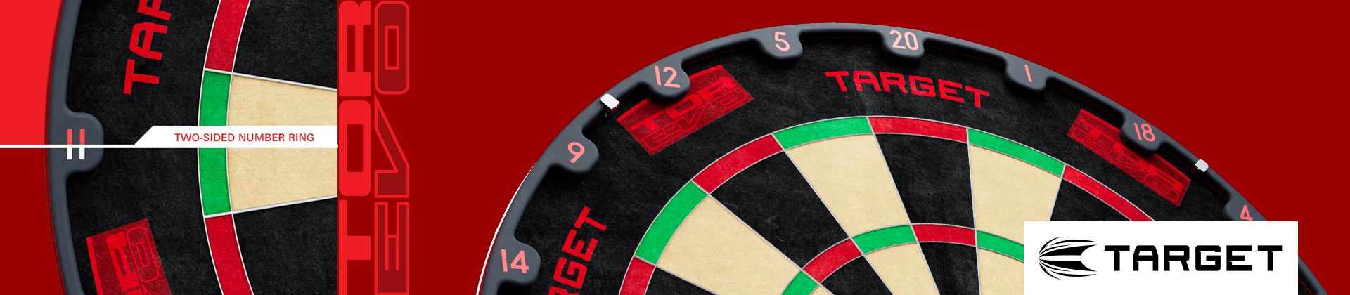 Close-up of a dartboard featuring a two-sided number ring and the brand "Target." The color scheme is red, black, and green.