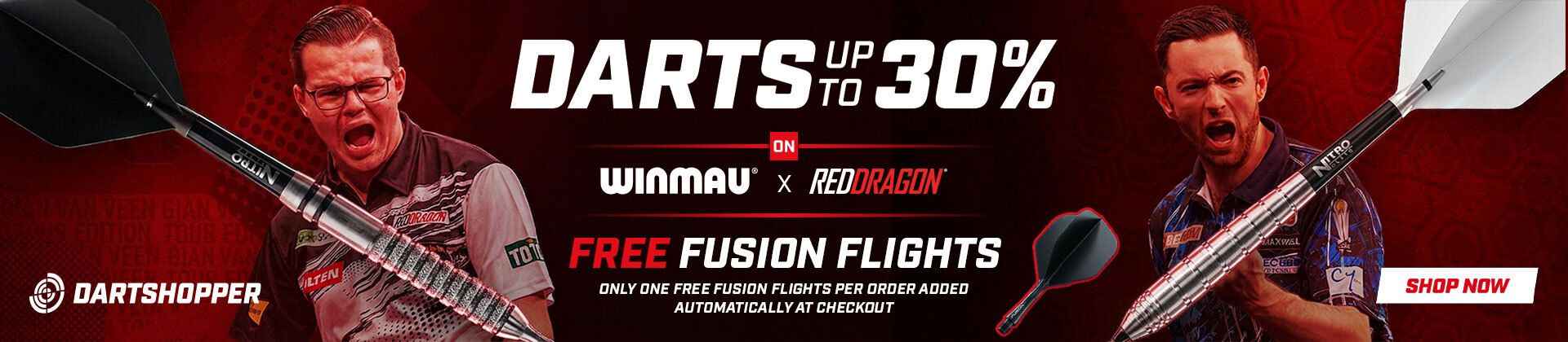 Advertisement featuring two people with darts, offering up to 30% off on Winmau and Red Dragon products, and free Fusion Flights with purchase.