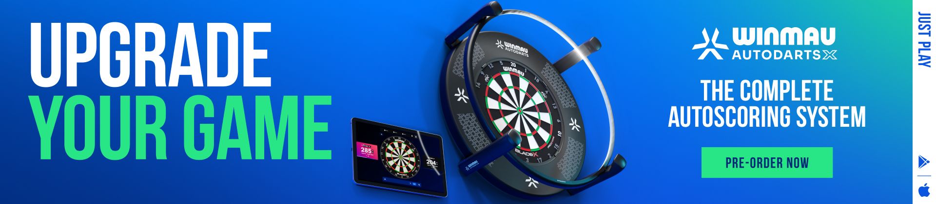 Advertisement for Winmau AutoDarts X, an autoscoring dartboard system, with a tablet display and "Upgrade Your Game" text. Pre-order now available.