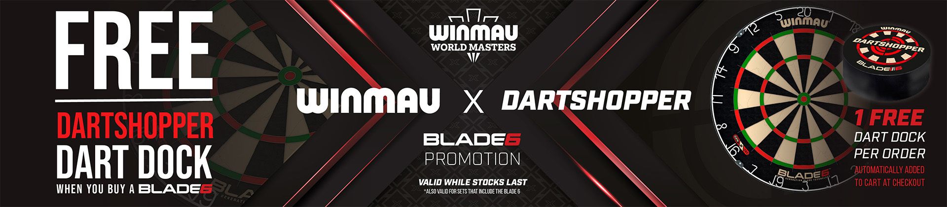 Promotional banner for "Winmau x Dartshopper Blade 6" featuring a dartboard image and a free dart dock offer.