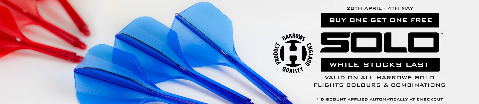 Promo for Harrows Solo dart flights: "Buy One Get One Free" from 20th April to 4th May. Features blue and red dart flights.