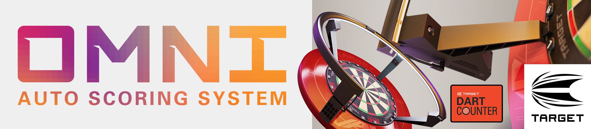 Digital display and dartboard with "Omni Auto Scoring System" text, featuring the Target Dart Counter logo on the left.