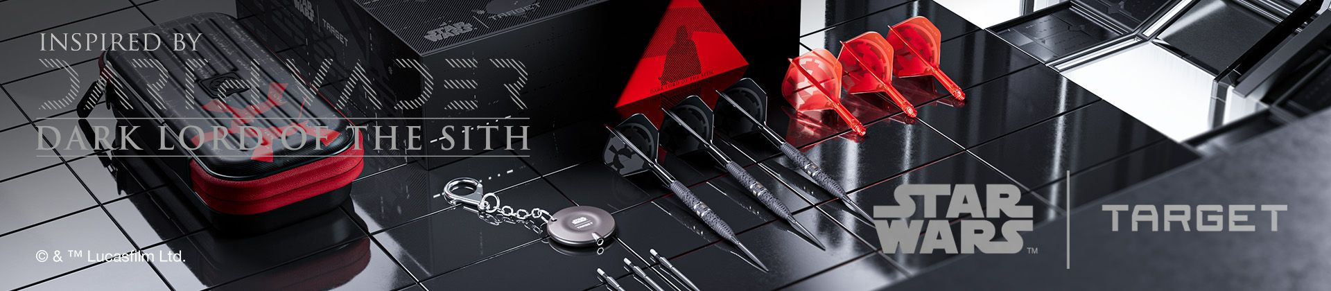 Star Wars-themed merchandise on a glossy black surface, featuring red and black items, a keychain, and logos for Star Wars and Target.