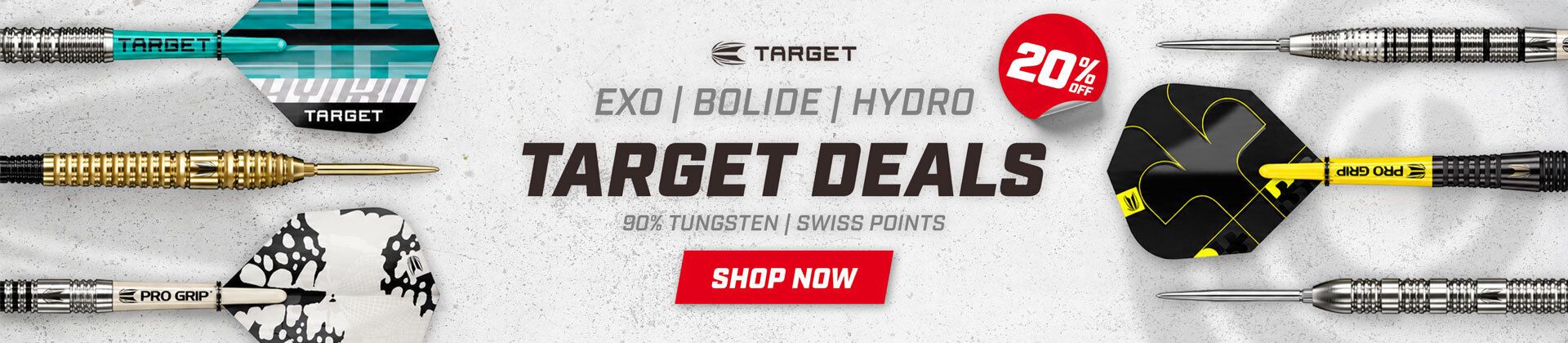 Target dart deals advertisement featuring various dart designs with 20% off promotion. Text reads "Exo, Bolide, Hydro, 90% Tungsten, Swiss Points."