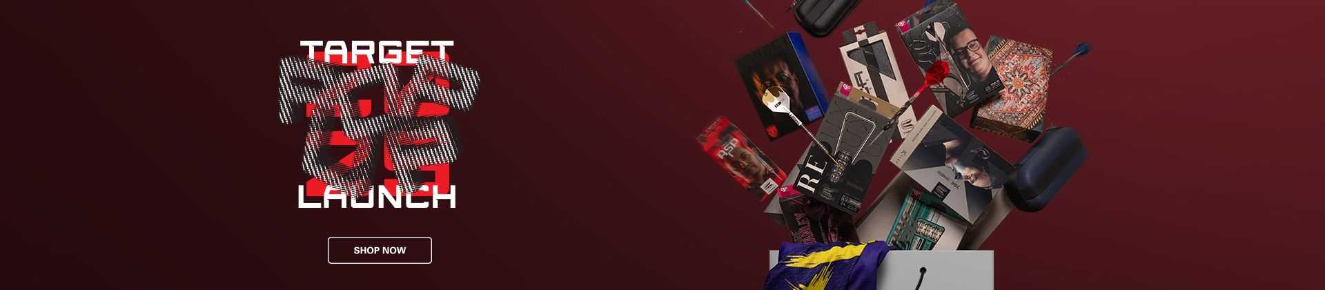 Collage of various items like books and gadgets emerging from a box on a red background, with text "TARGET RED LAUNCH" on the left.