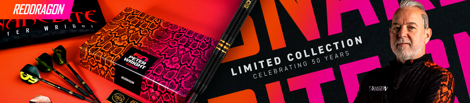 RedDragon limited collection featuring darts, a vibrant pink and orange snake pattern case, and Peter Wright in a branded dart shirt.