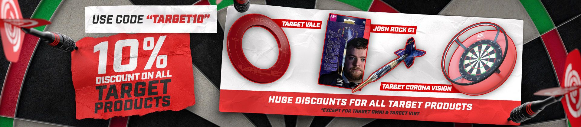 Advertisement for Target products offering a 10% discount with code "TARGET10," featuring dartboard products and accessories.