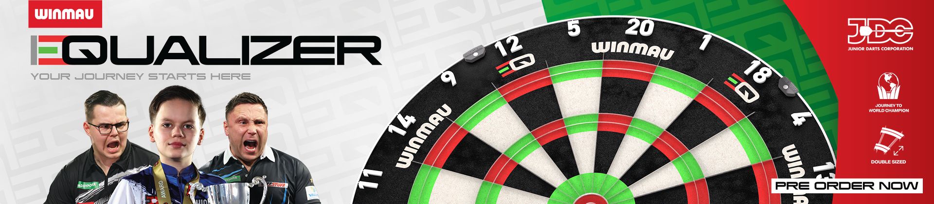 Promotional banner for Winmau Equalizer darts, featuring a dartboard, two players, and pre-order information.