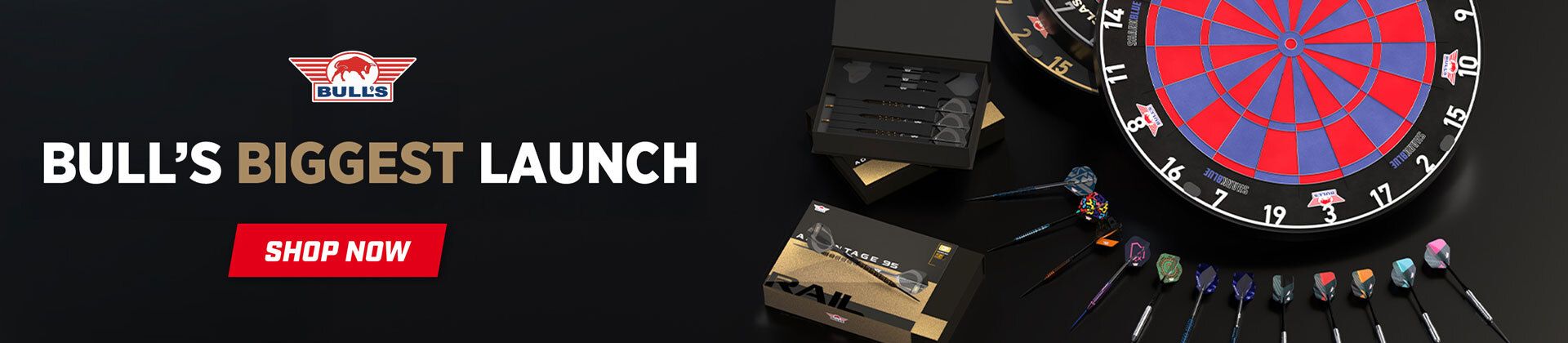 Promotional image showing "Bull's Biggest Launch" with darts products and a dartboard, featuring a "Shop Now" button.