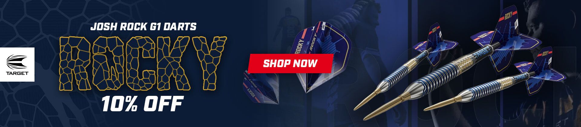 Advertisement for Josh Rock G1 Darts featuring three darts and text "ROCKY, 10% OFF, SHOP NOW" with a honeycomb background.