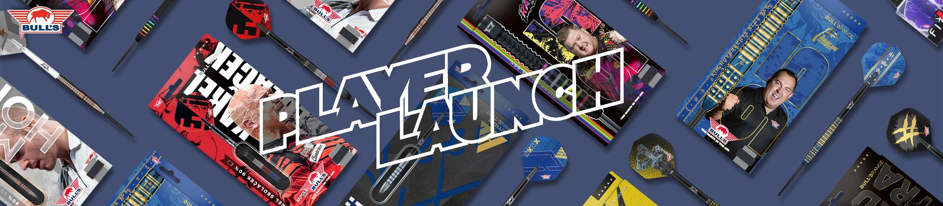 Assorted Bulls-branded darts, flights and player-themed boxed packaging arranged on a blue background with bold "PLAYER LAUNCH" graphic.