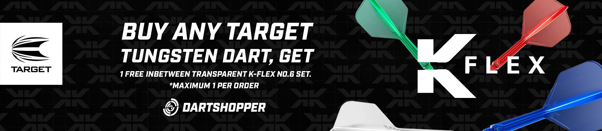 Promo banner for Target K-Flex darts: three colorful darts (green, red, blue) with text "Buy any Target tungsten dart, get 1 free."