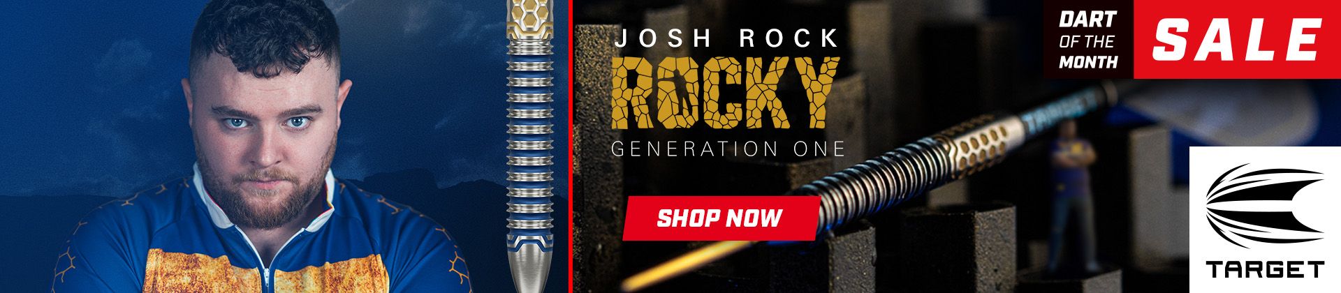 Advertisement for "Josh Rock Rocky Generation One" darts by Target, featuring a detailed dart and a person in a blue and yellow shirt.