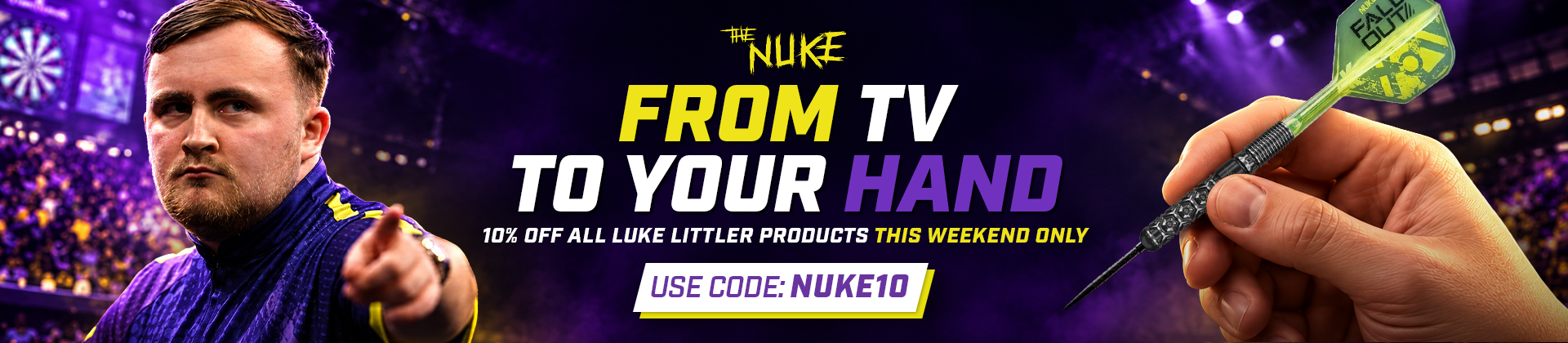A focused man in a sports jersey holds a dart in a crowded indoor stadium. Text promotes a discount on Luke Littler products with a code.