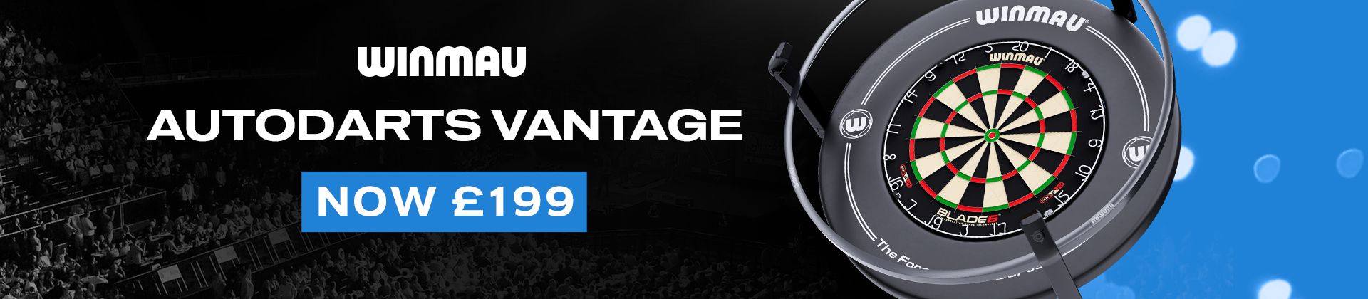 Ad for Winmau Autodarts Vantage, priced at £199, featuring a dartboard with a stadium audience background.