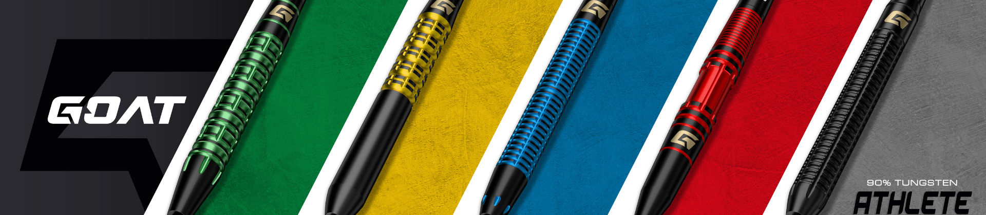 Five colorful GOAT darts aligned diagonally on textured backgrounds in green, yellow, blue, red, and gray. Text: "GOAT", "90% TUNGSTEN ATHLETE".