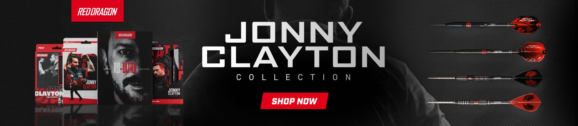 Darts and packaging from the Jonny Clayton Collection by Red Dragon, displayed with product images and a "Shop Now" button.